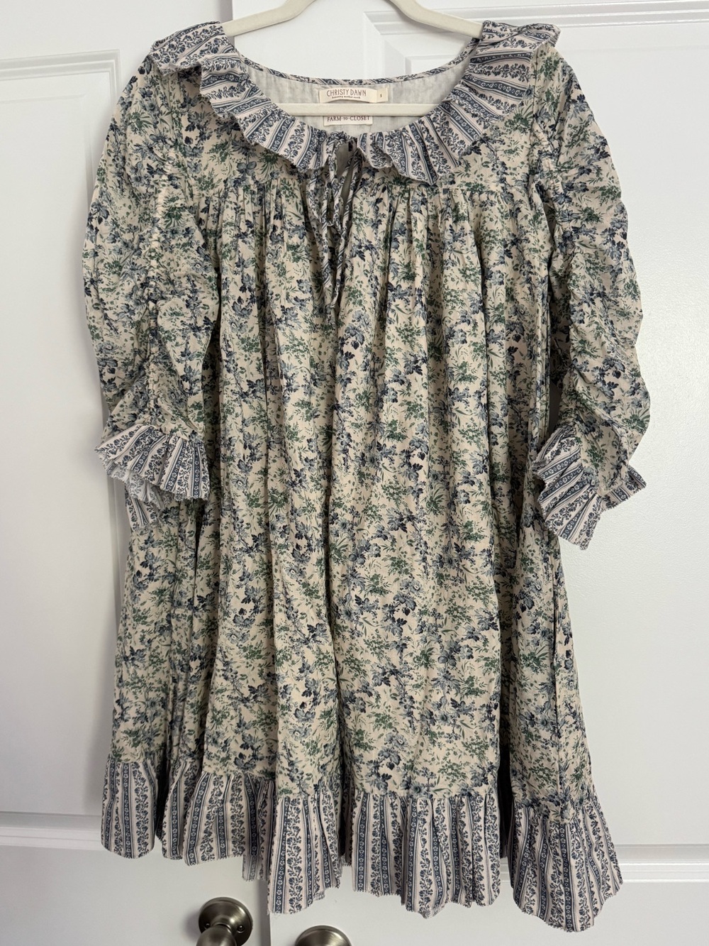 Christy Dawn Cream Floral Ruffled Peasant Dress with Blue Accents